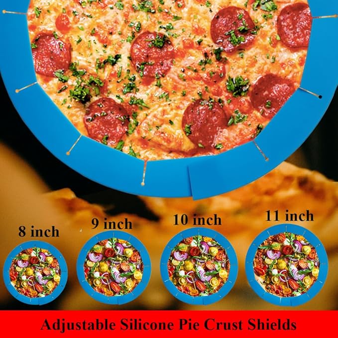 Adjustable Pie Crust Shields, Silicone Baking Protectors, Cover Ring Tools Fits 8-11.4 Inch Pies, Baking Pie Pizza Crust Shield Protector Cover for Edges (Blue)