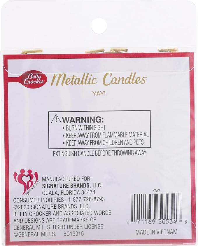Betty Crocker Metallic Yay! Birthday Cake Topper - 4 Gold Metallic Letter Candles for a Fun Celebration - 3.5 Inch Tall