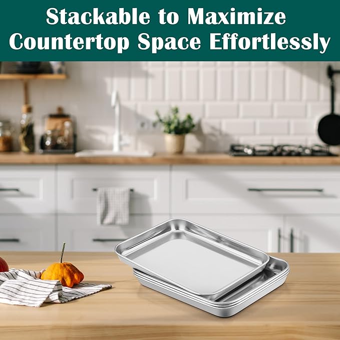 E-far Small Baking Sheet with Wire Rack (2 Pans + 2 Racks), Stainless Steel Cookie Sheets Trays & Cooling Rack for Toaster Oven, Non Toxic & Warp Resistant, Oven & Dishwasher Safe, 9.4 x 7.3 x 1 Inch