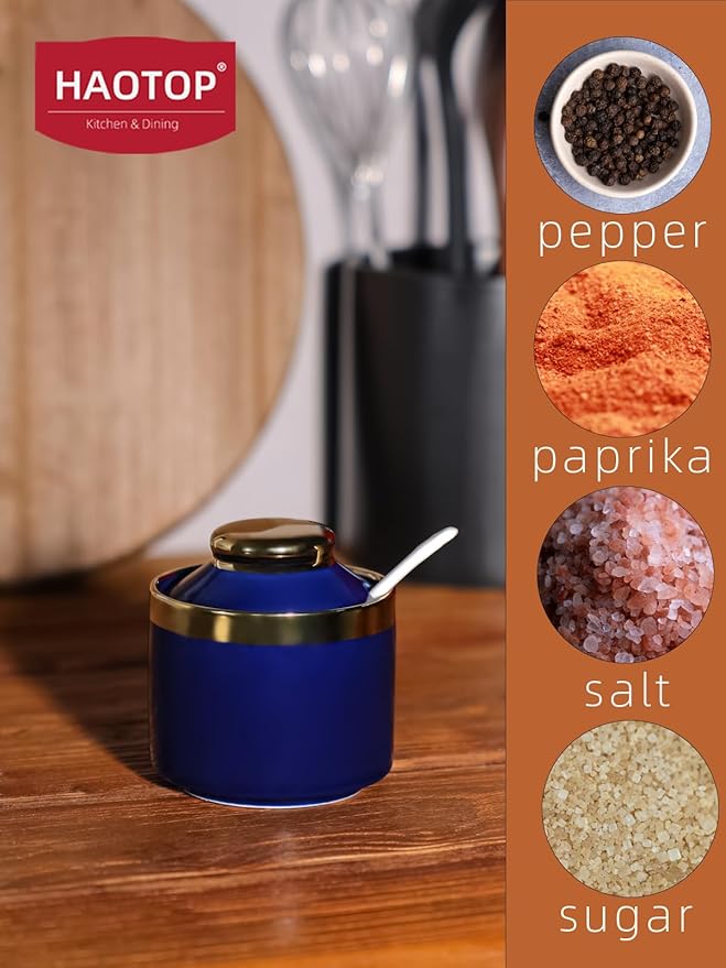 HAOTOP 8 oz Sugar Bowl with Lid and Spoon, Simple Ceramic Sugar Jar Sugar Dispenser Sugar Container Coffee Bar Accessories, Modern Kitchen Countertop Canisters, Navy