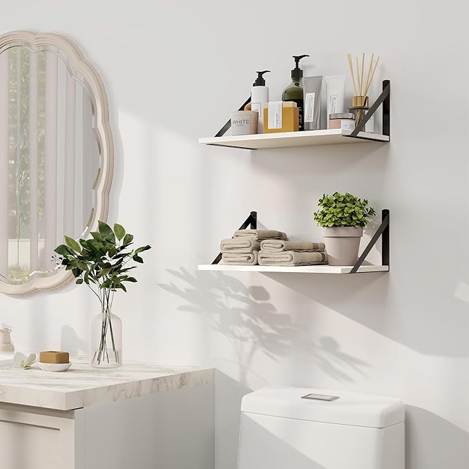 Heimlove White Deep Floating Shelves for Wall, 16W x 8D Wood Wall Shelves Set of 2, Wide Floating Bookshelf for Living Room, Kitchen, Office, Bedroom and Decor Storage, with Black Bracket - White