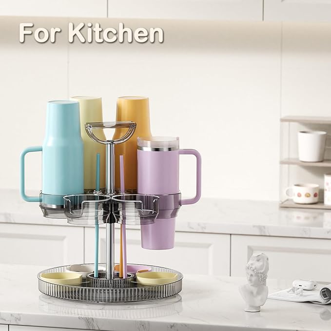 Rotating Stanley Cup Holder, Portable Water Bottle Organizer for 6 Stanley 40 oz & Mug, Adjustable Lazy Susan Organizer for Table Top Cabinet Home Countertop Pantry Shelf Tumbler Lid Organizer