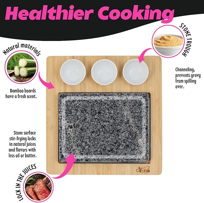 Artestia Professional Steak Stone Grill Set - 2pcs Natural Granite Cooking Stones for Indoor & Outdoor BBQ Hibachi - Heat-Resistant Stones (2 Granite Stone+1 Bamboo Tray+3 Sauce Bowls)