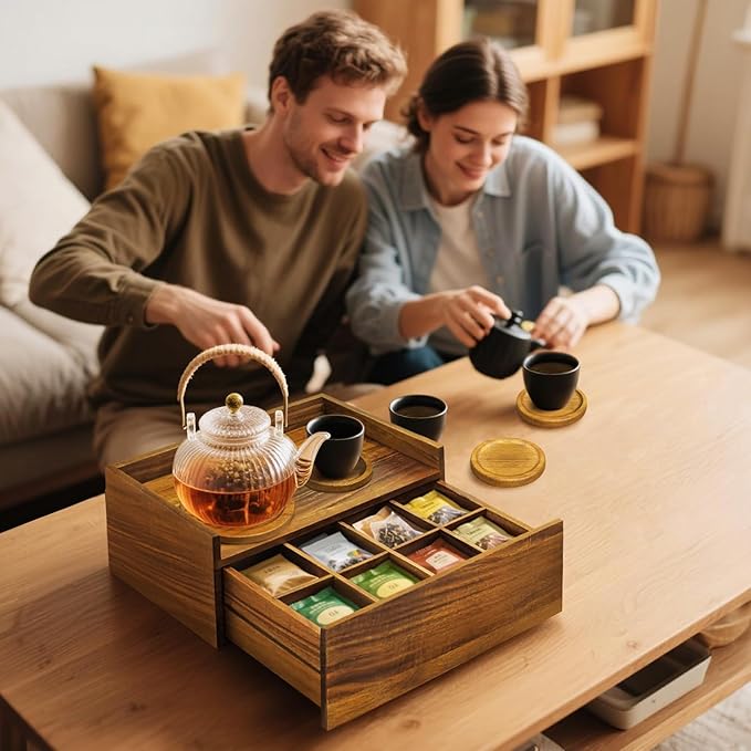 Idefair Acacia Woode Tea Box Organizer Storage Box with 5 Wooden Coasters, Tea Bags Organizer Chest Storage with Drawer, Tea Bag Box for Coffee Teabgs Countertop Display