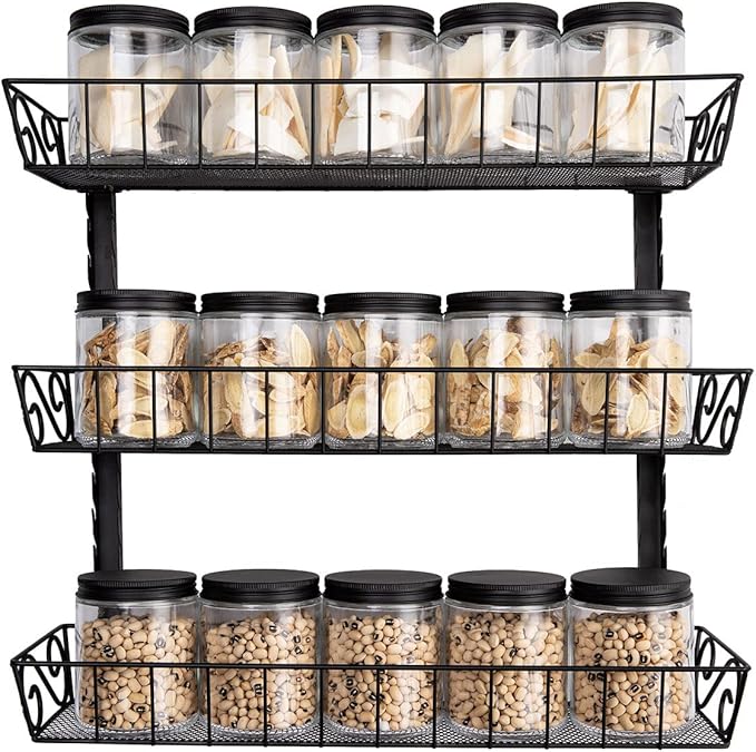 SWOMMOLY Adjustable Wall Mount Spice Rack, 3-Tier Dual-use (Multi-use) Organizer, Black