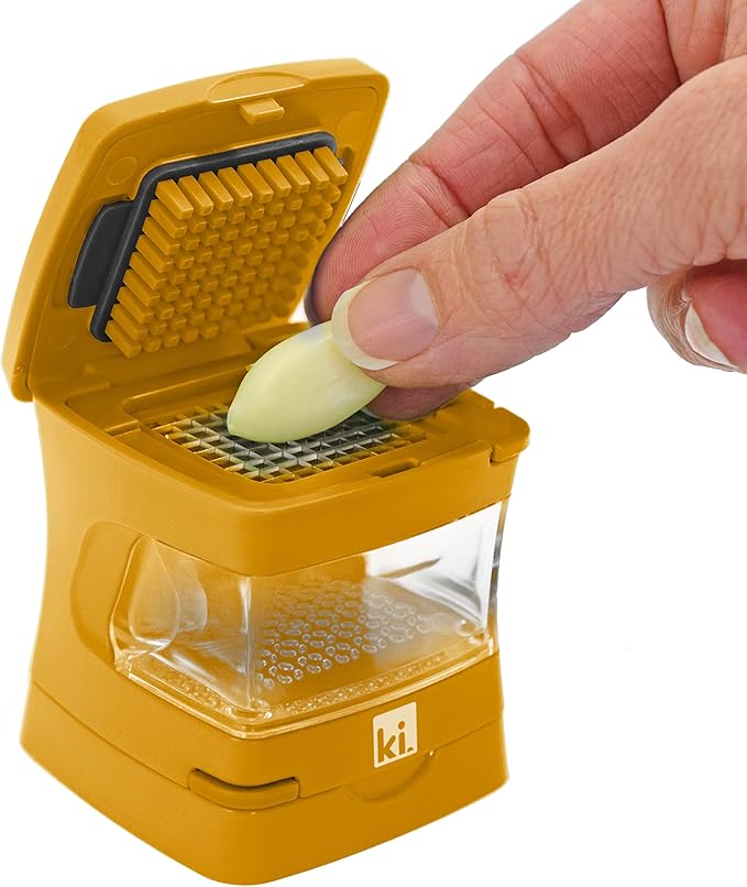 Garlic-A-Peel Garlic Press, Crusher, Cutter, Mincer, and Storage Container - Includes Silicone Garlic Peeler - Easy to Clean - Stainless Steel Blades – (Honey), standard