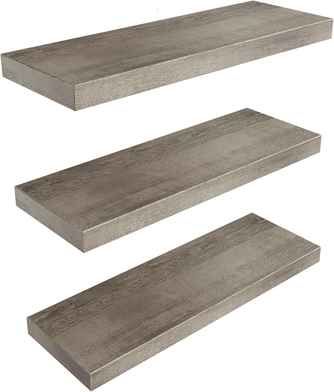 Colima Floating Shelves for Grey Wood Wall Shelf for Bedroom, 24 Inch Wall Mounted Floating Shelves for Bathroom Living Room Kitchen Office, 1.5" Thick Floating Book Shelves for Wall, Set of 3