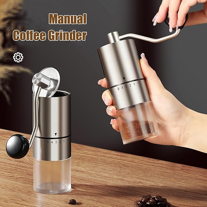 Portable Manual Coffee Grinder - Conical Burr with 5 Adjustable Settings for Smooth Grinding, Perfect for Espresso Enthusiasts at Home, Office, or Camping