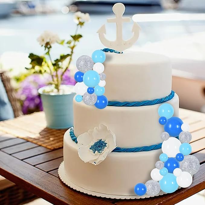 BEISHIDA 40 Pcs Foam Ball Cake Toppers with Sticks Mini Cake Decorations for Birthdays, Boys Party, Baby Showers, DIY Baking Supplies, Winter Party (Blue,White,Silver)