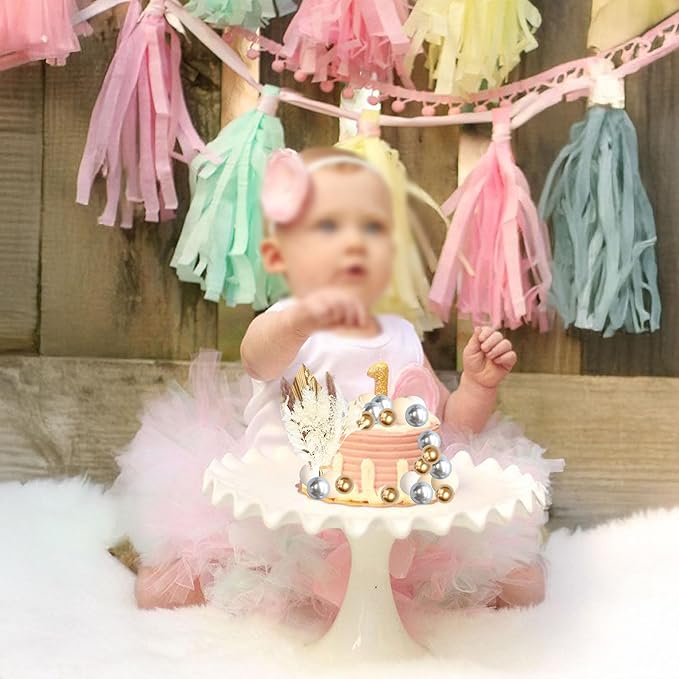 Gyufise 21 Pack Flower Boho Cake Topper Ball Cake Decorations Palm Leaves Plants Cake Decor for Girl Bohemian Princess Theme Wedding Baby Shower Birthday Party Supplies White