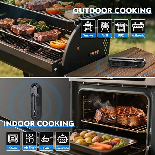 Aurasky Wireless Smart Meat Thermometer, Accurate Temperature Detection Probe, 500FT Remote Monitoring, Dual Alarm, Cooking Meat Thermometer Wireless for Grilling, Smoking, Oven, BBQ, Rotisserie