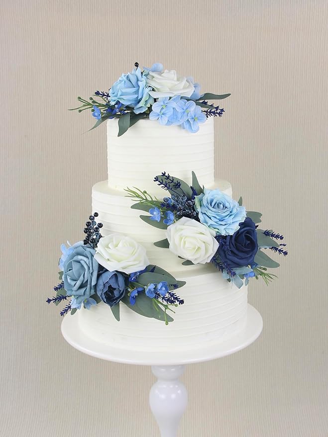 Rinlong 3Pcs Pre-made Cake Flowers Navy Blue Cake Decorations Wedding Cake Decorating Flowers Decor Christening Birthday Baby Shower Baptism Party Cake Toppers