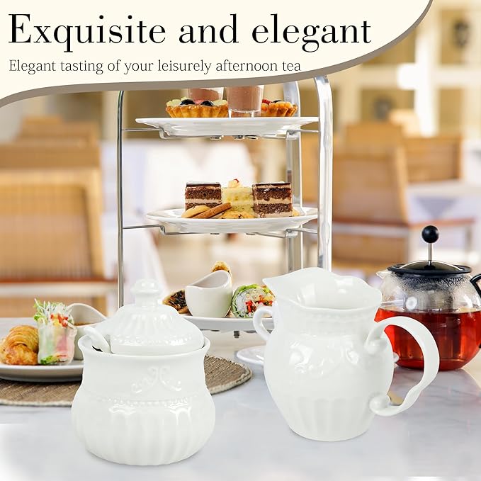 Ceramic Sugar and Creamer Set, Cream Pitcher Sugar Bowl with Lid and Spoon, Sugar and Creamer Container for Coffee Bar (4)