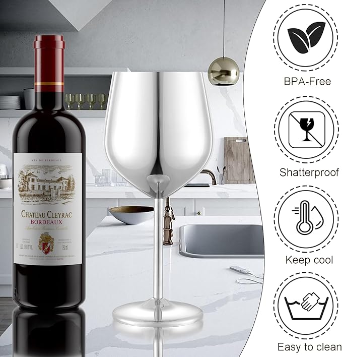Stainless Steel Wine Glasses Set of 4 Unbreakable Wine Glass 18 oz Unique Metal Wine Goblets for Outdoor, Travel, Camping, Pool, Ideal Gift for Wine Lovers (Mirror-Silver)