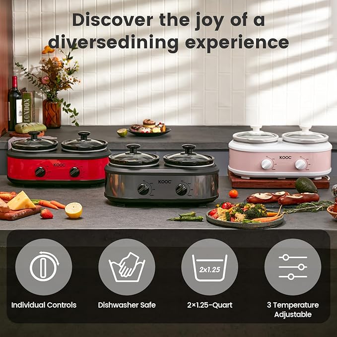 KOOC Double Small Slow Cooker, Buffet Server and Warmer, 2 Mini Pots with 3 Individual Adjustable Temp, Dual Ceramic Pots, Free Liners for Easy Clean-up, Stainless Steel, Total 2.5 Quart, Grey, Round