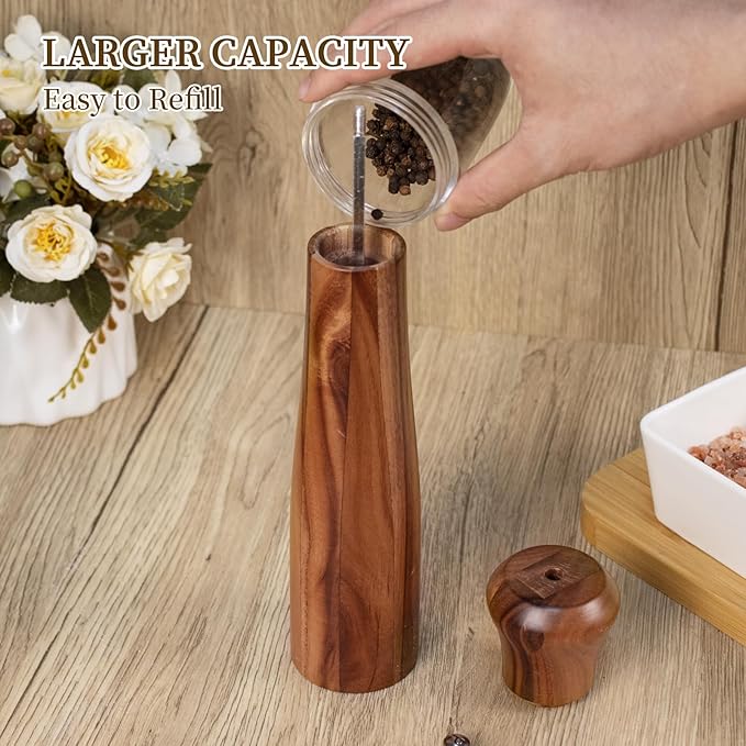 1 Pack - 10 Inch tall Acacia Wood Pepper Grinder or Salt Mill Elegant Pepper Mill Wooden with a Adjustable Ceramic Rotor and Easily Refillable - Wood Salt Grinder for Your Kitchen