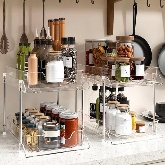 JLKDQ 4 Pack Bathroom Under Sink Organizers and Storage, 2-Tier Pull Out Medicine Cabinet Organizing- Kitchen, Pantry, Medicine Storage Bins, Vanity Makeup.(Clear,10.63" L x 8.0" W x 8.46" H).