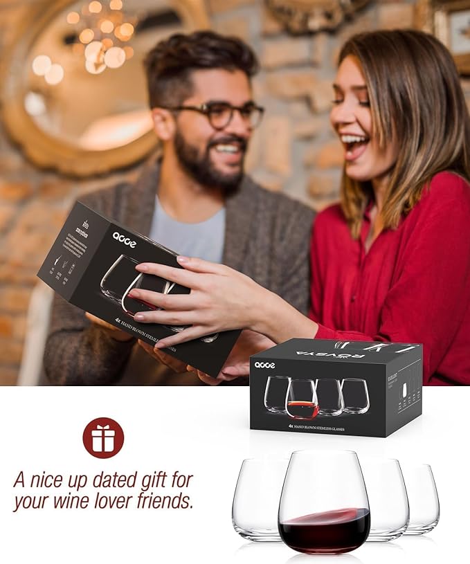 LUNA & MANTHA Stemless Wine Glasses Set of 6, 14.5oz Red White Wine Glass,Premium Hand Blown Crystal Glasses for Daily Use and Special Days, Perfect Gifts for Men and Women