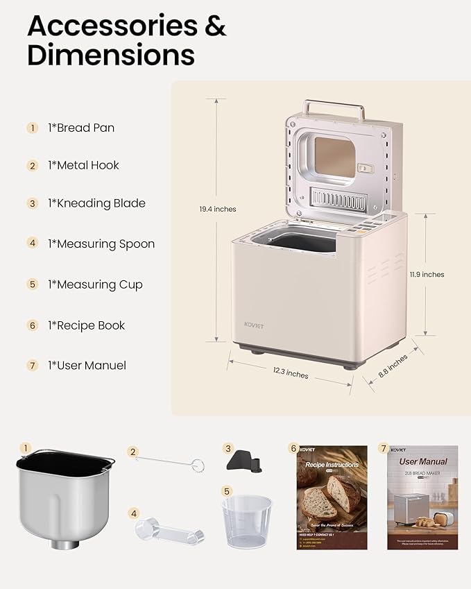 25-in-1 Bread Maker Machine with Automatic Dual Dispenser, 2LB Stainless Steel Breadmaker with Gluten-Free, Dough, Jam, Yogurt etc Settings, Beige