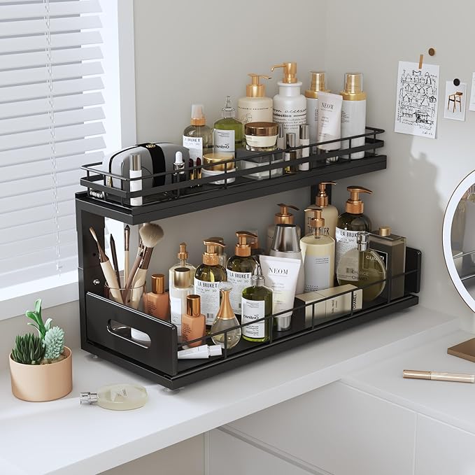 2 Pack 18 IN Depth Under Sink Organizer with Smooth Ball Bearing Slides,2-Tier Pull Out Cabinet Storage,Slide Out Drawers for Bathroom&Kitchen,Rust-resistant Coating,Height Adjustable-Black