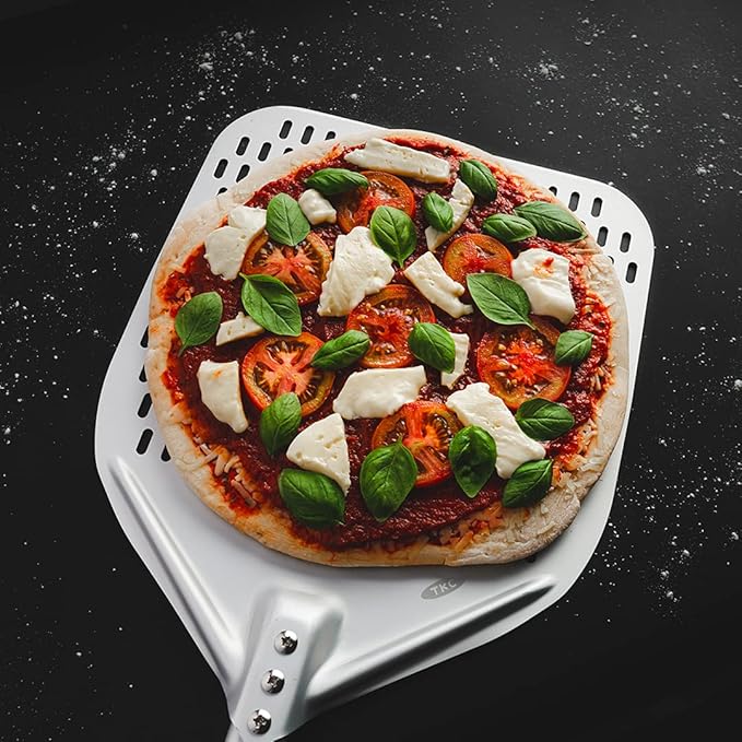 TKC Perforated Pizza Peel 12 Inch - Long Handle Perforated Aluminum Pizza Paddle - Lightweight Pizza Turning Peel Spatula - Compatible with all Ooni Pizza Ovens - 26 Inch Overall Length (Silver/Gray)