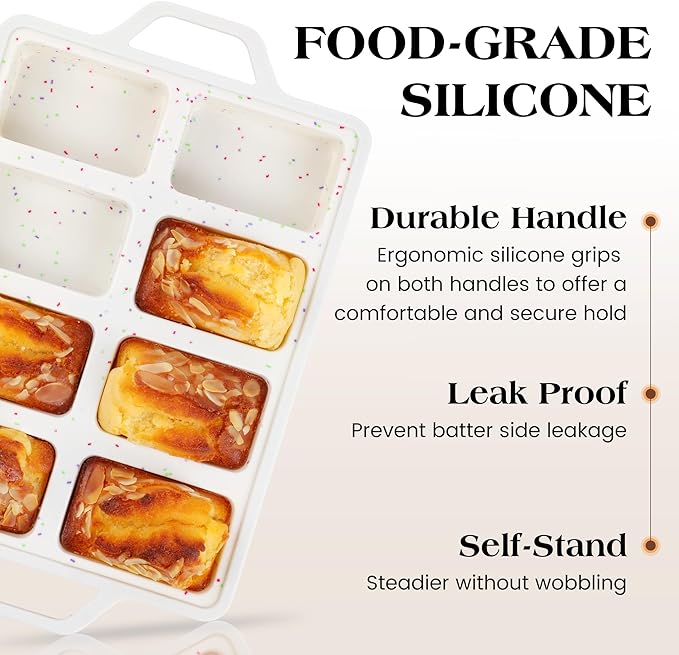 1 Pc Mini Loaf Pans Silicone, Nonstick Small Bread Pans for Baking, Tiny Meatloaf Pan with Metal Reinforced Frame 8 Cavity (Cream)