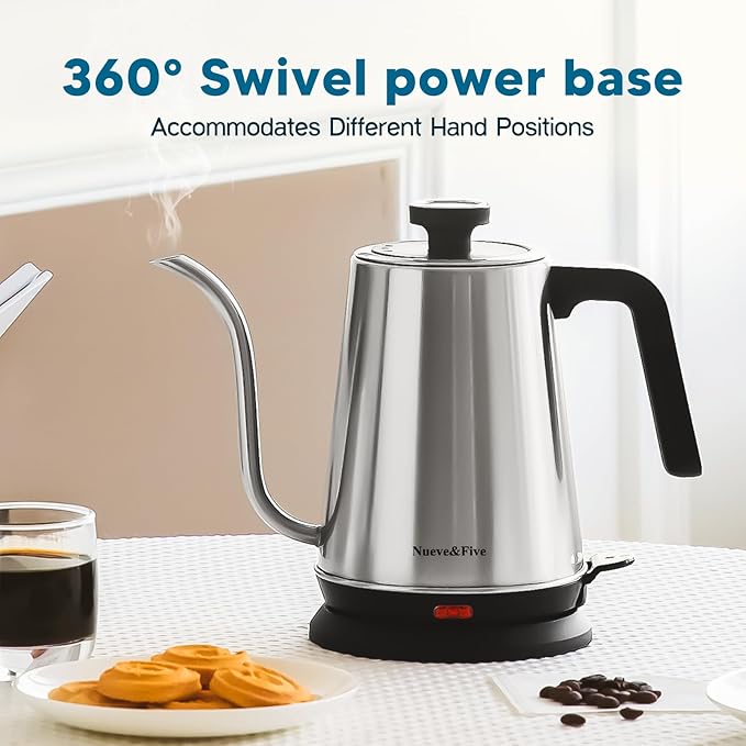 Nueve&Five Gooseneck Electric Kettle with Thermometer,Electric Tea Kettle 1L with Auto Shut-Off,1000W Hot Water Kettle of Stainless Steel,Pour Over Kettle for Coffee & Tea -Chrome