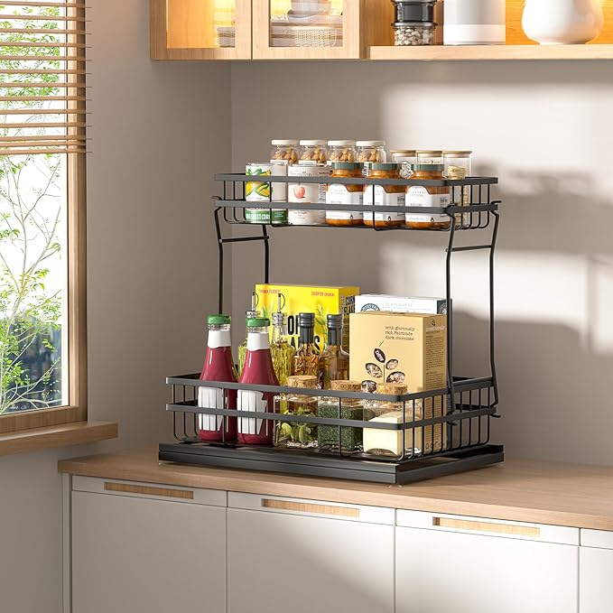 1 Pack Under Sink Organizers and Storage, 2 Tier Pull Out Cabinet Organizer, Metal Sliding Drawer Storage for Kitchen Bathroom,Black