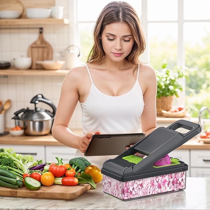 12-in-1 Vegetable Chopper, 7 Blades Veggie Chopper with Container and Lid, Dicer, Slicer, Multifunctional Kitchen Gadgets, Vegetable Cutter with Handle, Onion Cutter(Green/Grey)
