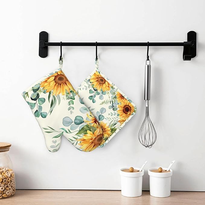 Sunflower Eucalyptus Oven Mitts Pot Holders Set Silicone Heat Resistant Summer Yellow Green Leaves Flowers Oven Mitts and Hot Pads Potholders Non-Slip Oven Gloves for Cooking Baking Grilling