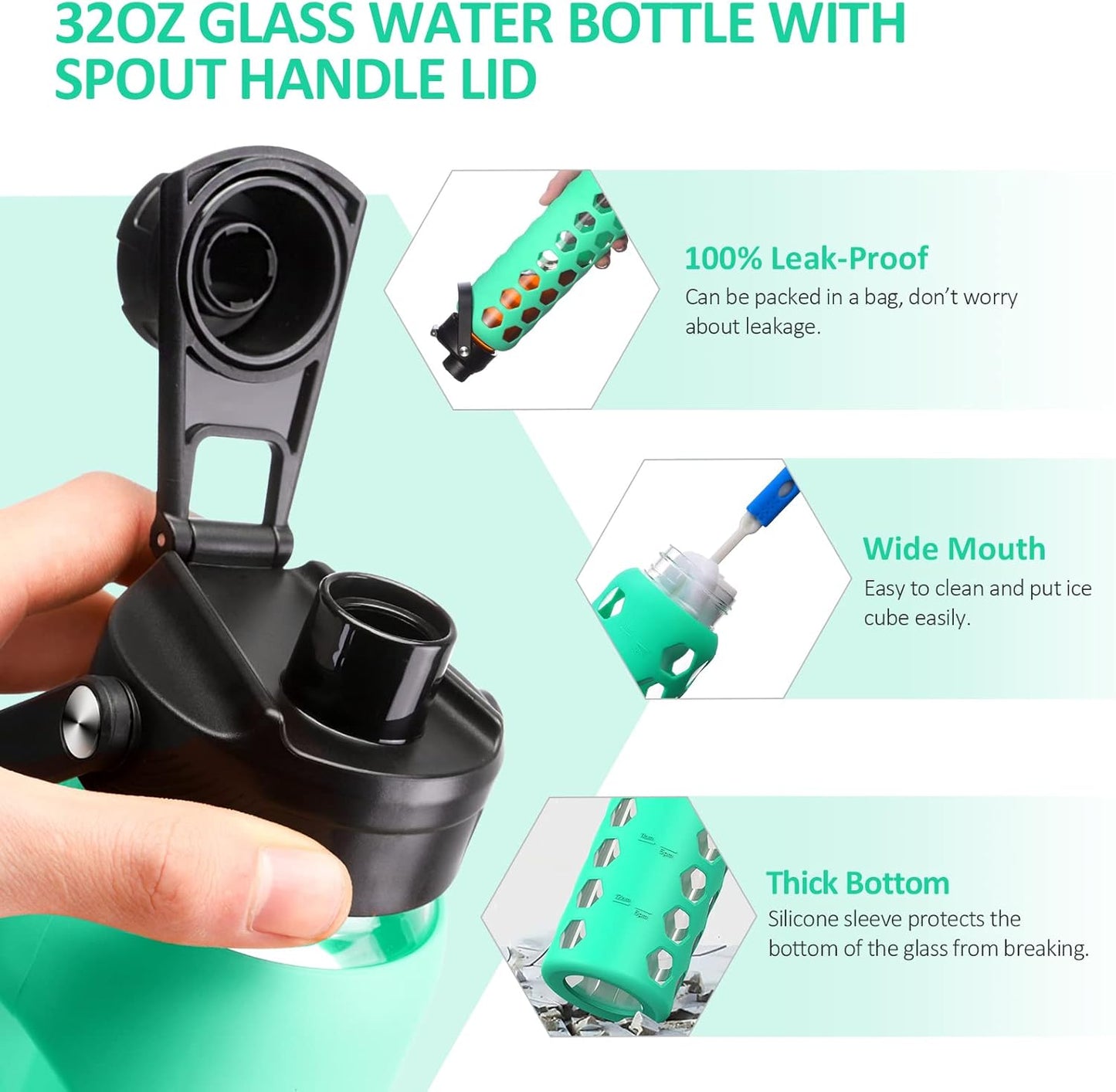 MUKOKO 24oz Glass Water Bottle with 2 Lids-Handle Flip Lid&Bamboo Straw Lid,Motivational Water Tumbler with Time Marker Reminder and Silicone Sleeve, Leakproof-Green