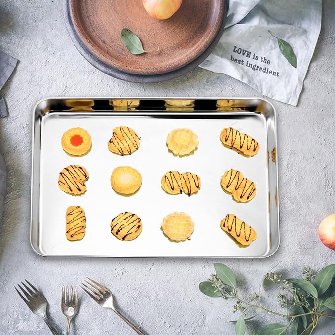 Baking Sheets Set of 4, Stainless Steel Cookie Pan Tray For Oven, Size 12.25 x 9.65 x 1 inch, Heavy Duty, Deep Edge, Superior Mirror Finish, Dishwasher Safe