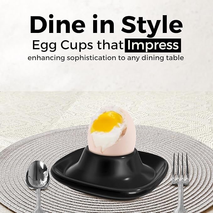 Flexzion Egg Cups for Soft Boiled Eggs - Set of 6 Ceramic Egg Holder - Stackable Egg Coddler Cups with Base for Serving, Breakfast, Brunch - Kitchen Table Decor, Black
