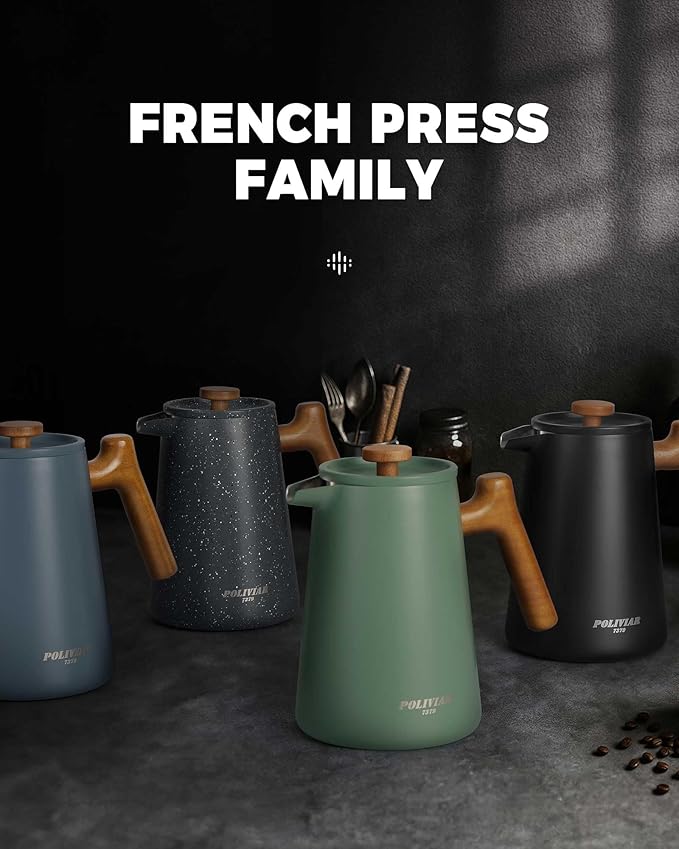 POLIVIAR French Press Coffee Maker, 34 oz Coffee Press with Real Wood Handle, Double Wall Insulation & Dual-Filter Screen, Food Grade Stainless Steel for Good Coffe and Tea, JX2025-XFPU