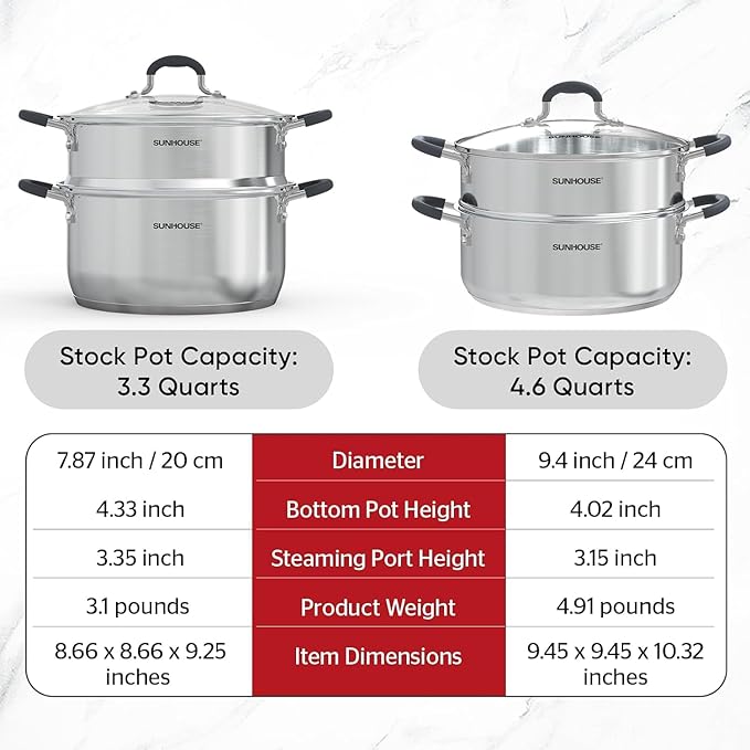 Sunhouse - 4.6 Quarts Steamer Pots With Lid 2-Tier Multipurpose Stainless Steel Steaming Pot Cookware For Vegetable, Dumpling, Sauce, Food - Triple Bottom, Measurement Line