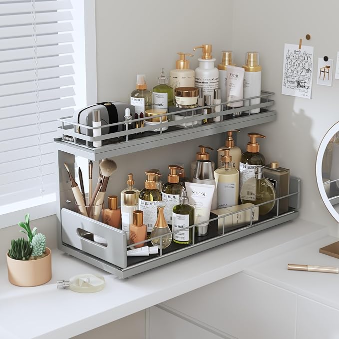 2 Pack 18 IN Depth Under Sink Organizer with Smooth Ball Bearing Slides,2-Tier Pull Out Cabinet Storage,Slide Out Drawers for Bathroom&Kitchen,Rust-resistant Coating,Height Adjustable-Gun Gray