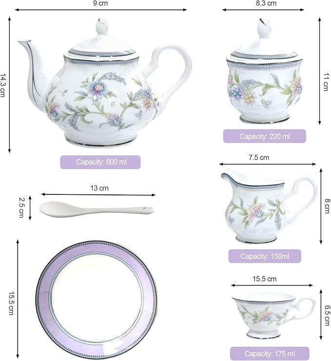 Bone China Tea Set, 21-Pieces Porcelain Tea Set for Adults, Tea Cups And Saucers for 6, with Teapot, Spoons, Sugar Bowl, Creamer Pitcher, Vintage Tea Set for Women Tea Party (Purple)