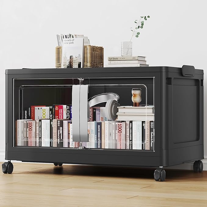 640QT Stackable Storage Bins with Lids, 160Gal Extra Large Collapsible Storage Box with Wheel, Plastic Storages with Clear Door Open Front for Home Bedroom Garage, Black-4pack