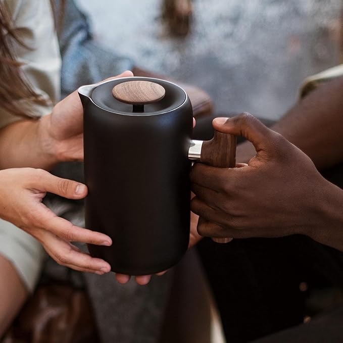 Fellow Clara French Press Coffee Maker - Portable Stainless Steel Coffee Press, Insulated Manual Brewer, Matte Black with Walnut, 24 oz Carafe