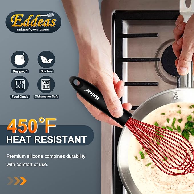 Silicone Whisk, Eddeas Stainless Steel & Silicone Non-Stick Coated Whisks set of 3-Heat Resistant (450°F) Kitchen Whisks Perfect for Blending, Whisking, Beating & Stirring, Red