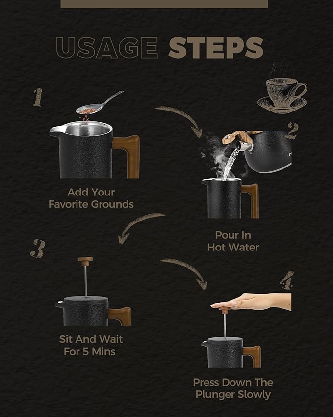 POLIVIAR French Press Coffee Maker, 34 oz Coffee Press with Real Wood Handle, Double Wall Insulation & Dual-Filter Screen, Food Grade Stainless Steel for Good Coffee and Tea JX2023-FPLB