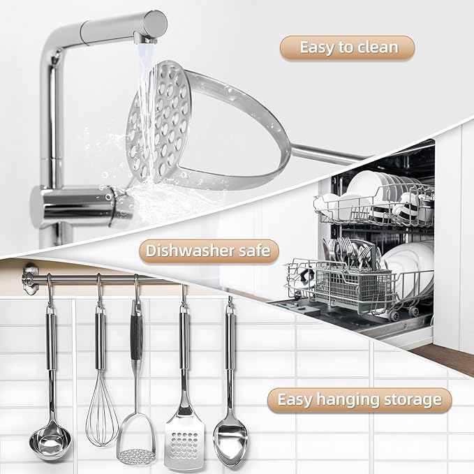 Potato Masher Stainless Steel,Wooden handle Potatoes Smasher, Manual Mashed Potato Masher Kitchen Tool for Avocado,Potatoes, Vegetables, 13.5Inch Long handle Large Heavy Duty Metal Mashing Utensil