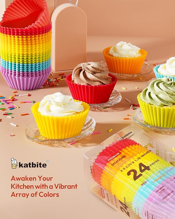 Katbite Silicone Cupcake Liners 24 Pack - Non-stick Silicone Muffin Liners Set, Thick & Heavy Duty Cupcake Molds - Perfect for Party Halloween Christmas Bakery Supplies, Multicolor