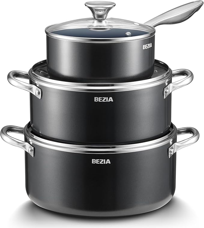 Induction Cookware Set 6-Piece, Stackable Kitchen Cooking Pots Set, 6qt 4.8qt & 2qt Pots with Lids, Dishwasher Safe & Oven Safe, Compatible with All Stoves, Black