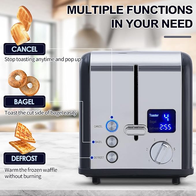 CUSIMAX Stainless Steel 2 Slice Toaster with LED Display, Extra-wide Slots, 6 Browning Settings, Cancel/Bagel/Defrost, Removable Crumb Tray, Black