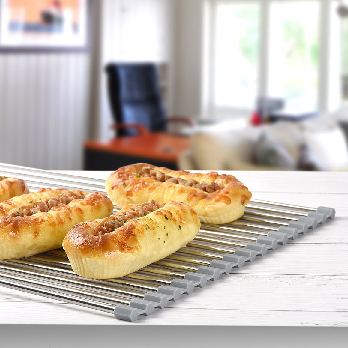 Roll Up Dish Drying Rack 20.5"(L) x 13.8"(W) - Stainless Steel and Silicone Dish Drying Mat Over The Sink Foldable Drain Rack Multipurpose Dish Drainer Extra Large, Gray