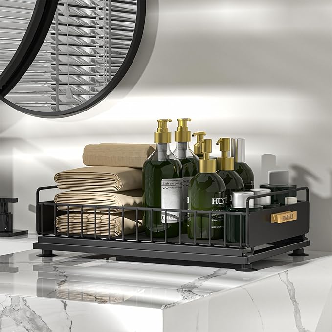 Under Sink Organizer, Single Tier Metal Pull Out Sliding Drawer Shelf for Kitchen Bathroom Cabinet Storage, Sturdy Rack – Black