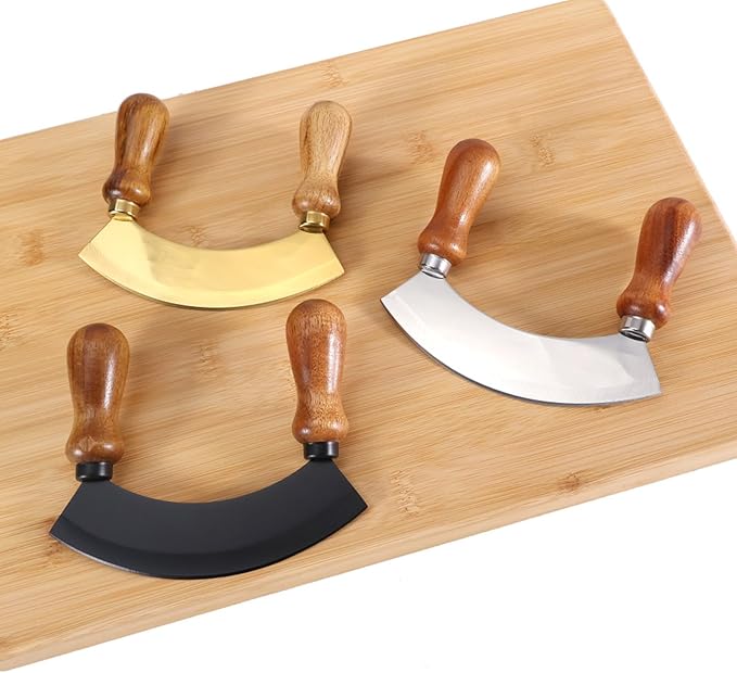 5.4 Inch Stainless Steel Mezzaluna Knife - Salad Chopper Rocker Pizza Cutter Rocker Knife Curved Blade Sharp Blade Double Acacia Wood Handle Fruit Vegetable Mincing (5.4 Inch Silver)