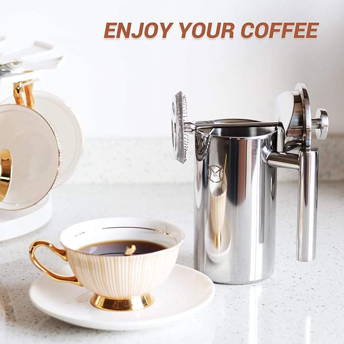 French Press Coffee Maker – Single Serve 1 Cup Small Stainless Steel Thermal Double Walled French Press 350ML/12OZ