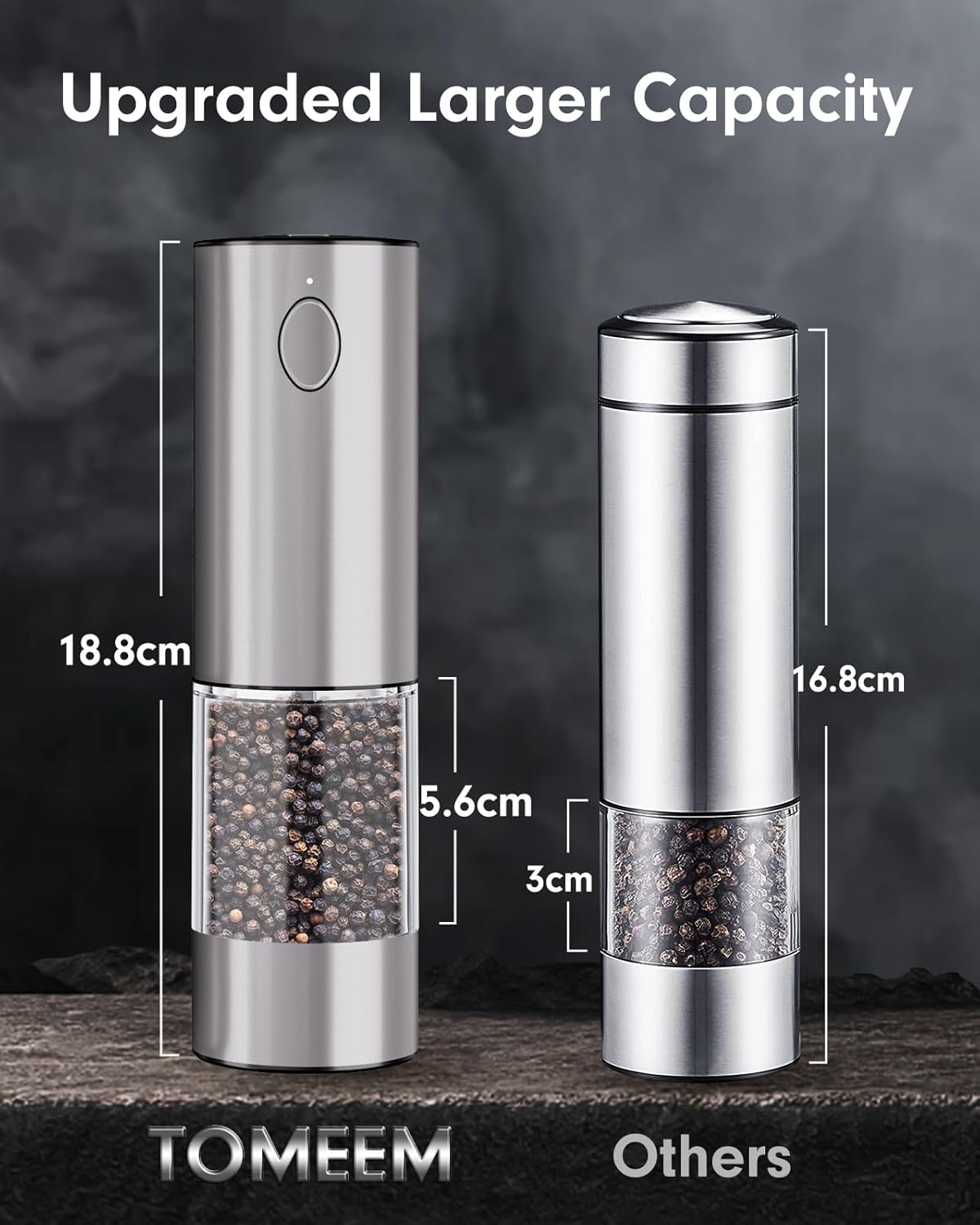TOMEEM Upgraded Larger Capacity Electric Salt and Pepper Grinder Set Rechargeable with LED lights, Stainless Steel Automatic Pepper and Salt Grinder Refillable with 5 Adjustable Coarseness Gray